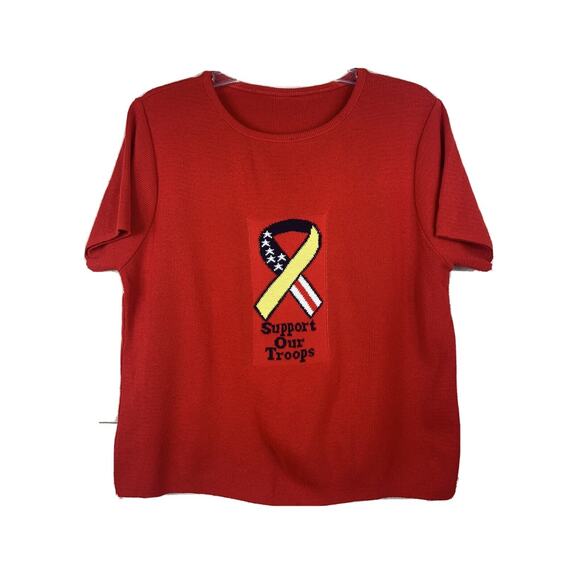 White Stag Sweater Womens XL Support Our Troops Ribbon Red Short Sleeve Knit‎ - Picture 1 of 4